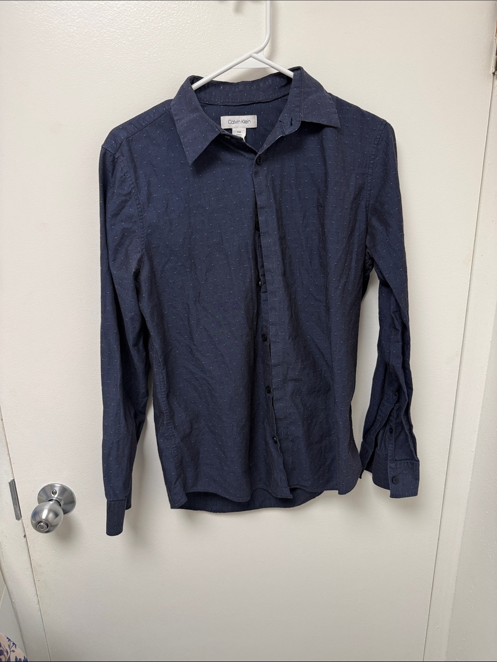 Calvin Klein Men's Navy Button-Up Dress Shirt with Subtle Dot Pattern